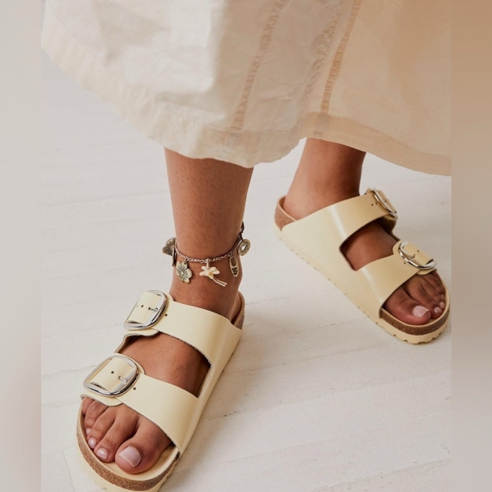 +NEW Birkenstock Arizona Big Buckle Natural Leather Patent High-Shine Butter